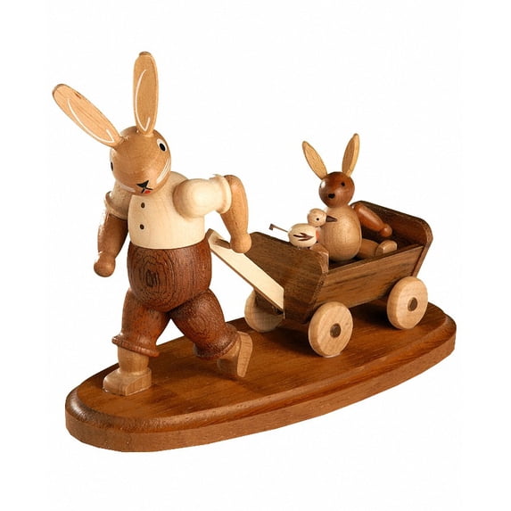 Easter bunny, male, father with child on carriage, height 11 cm / 4 inch, original Erzgebirge by Müller Seiffen