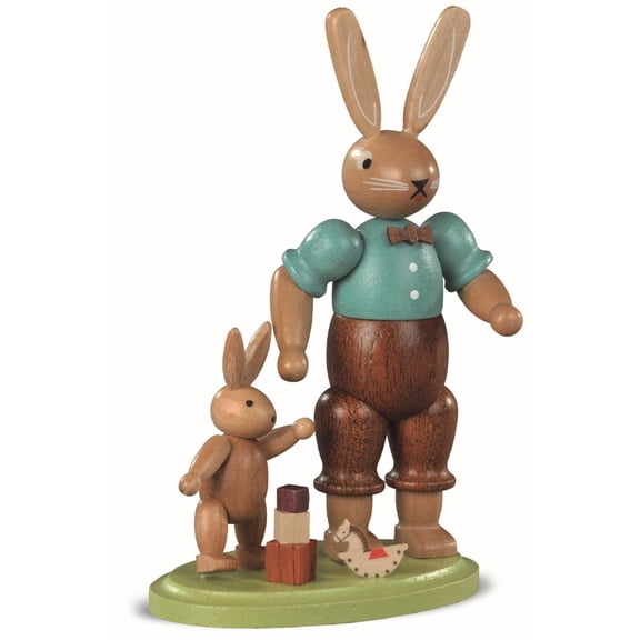 Easter bunny, male, father with playing child, height 11 cm / 4 inch, coloured, original Erzgebirge by Mller Seiffen