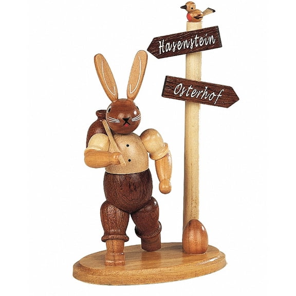 Easter bunny, male, hiker at signpost, height 11 cm / 4 inch, original Erzgebirge by Müller Seiffen
