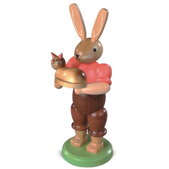 Easter bunny, male with little cat, height 11 cm / 4 inch, coloured, original Erzgebirge by Mller Seiffen