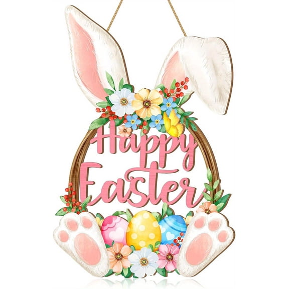 Easter bunny wooden door plate happy easter wall hanging wood chip handmade with floral decoration