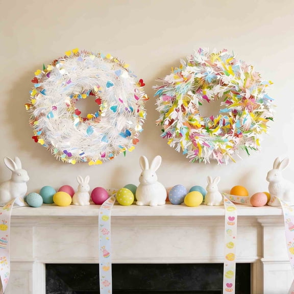Easter rattan wreath decoration 15.75in round plastic ring, multicolor tapestry-style spring garland wall or door hanging, indoor home holiday décor