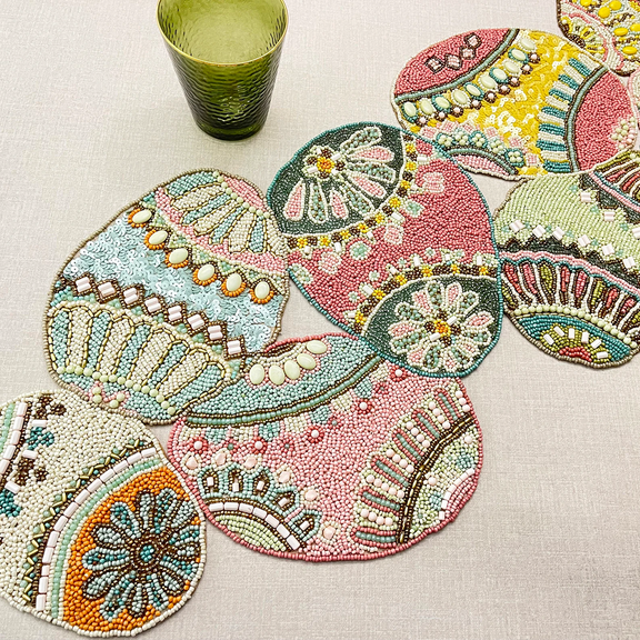 Easter table runner, handmade beaded runner, 13x36"