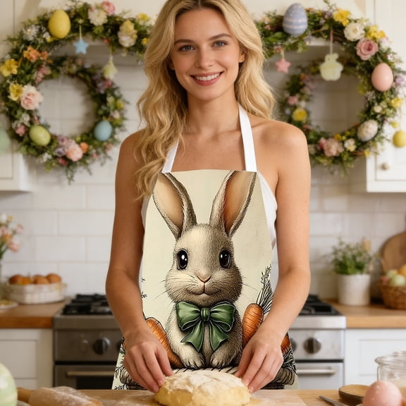 Easter-themed Aprons, Bunny Print Decorative Apron, Festive Party Kitchen Cooking Apron, Easter Holiday Kitchen Accessories 26.5x21.5 Inch