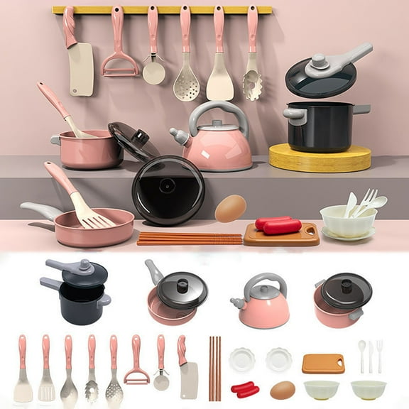 Easter toys！28Pcs Kids Play Kitchen Toys Set, Toddlers Pretend Cooking Playset Acccessories with Pots Pans, Utensils Cookware, Foods, Learning Birthday Christmas Gift for Kids Girls Boys