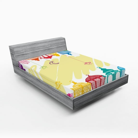 Eastern Art Fitted Sheet, Colorful Various Different Framework Design with Crescent Moon and Stars, Decorative Soft Bedding All-round Elastic Pocket, Full Size, Multicolor, by Ambesonne