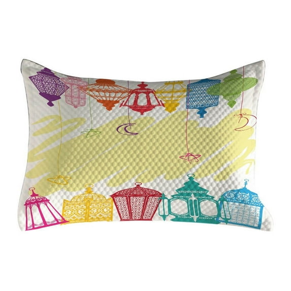 Eastern Art Quilted Pillowcover, Colorful Various Different Framework Design with Crescent Moon and Stars, Standard King Size Accent Pillow Cover for Bedroom, 36" x 20", Multicolor, by Ambesonne