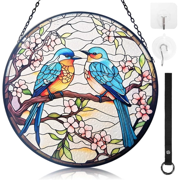 Eastern Bluebird Stained Glass Suncatcher for Windows, 7.9-Inch Bird Decor with Cherry Blossoms, Bluebird Sun Catcher Gift for Bird Lovers, Symbol of Happiness and Good Luck