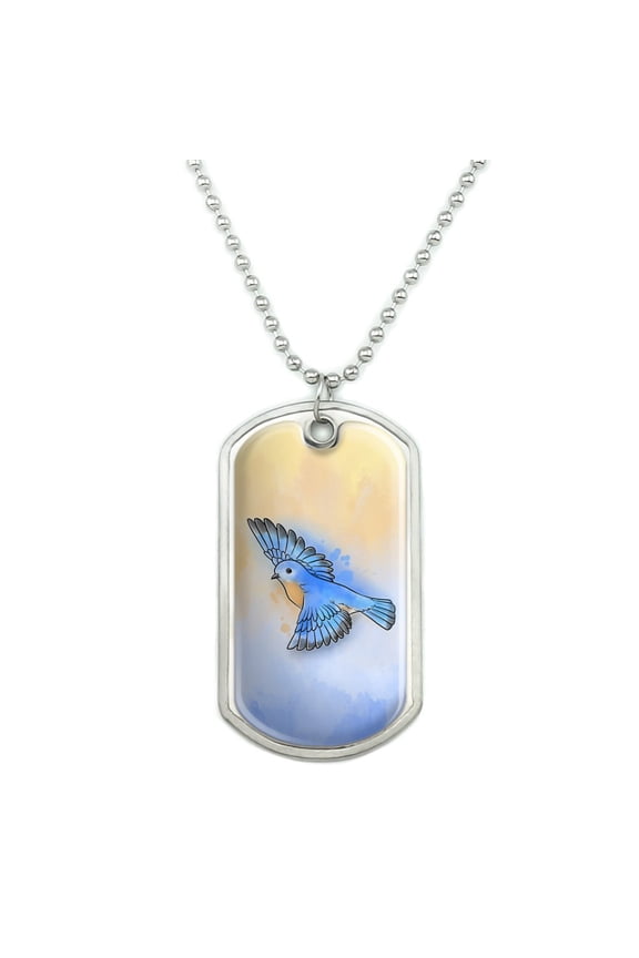 Eastern Bluebird Watercolor Northeastern Bird Military Dog Tag Pendant Necklace with Chain