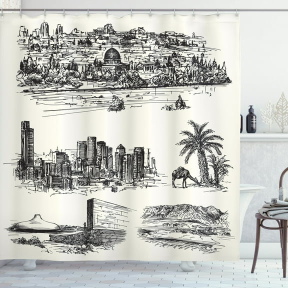 Eastern City Shower Curtain, Pencil Drawn Illustrations of Landmarks Architecture Vintage Style, Fabric Bathroom Set with Hooks, 69W X 70L Inches, Ivory Charcoal Grey, by Ambesonne