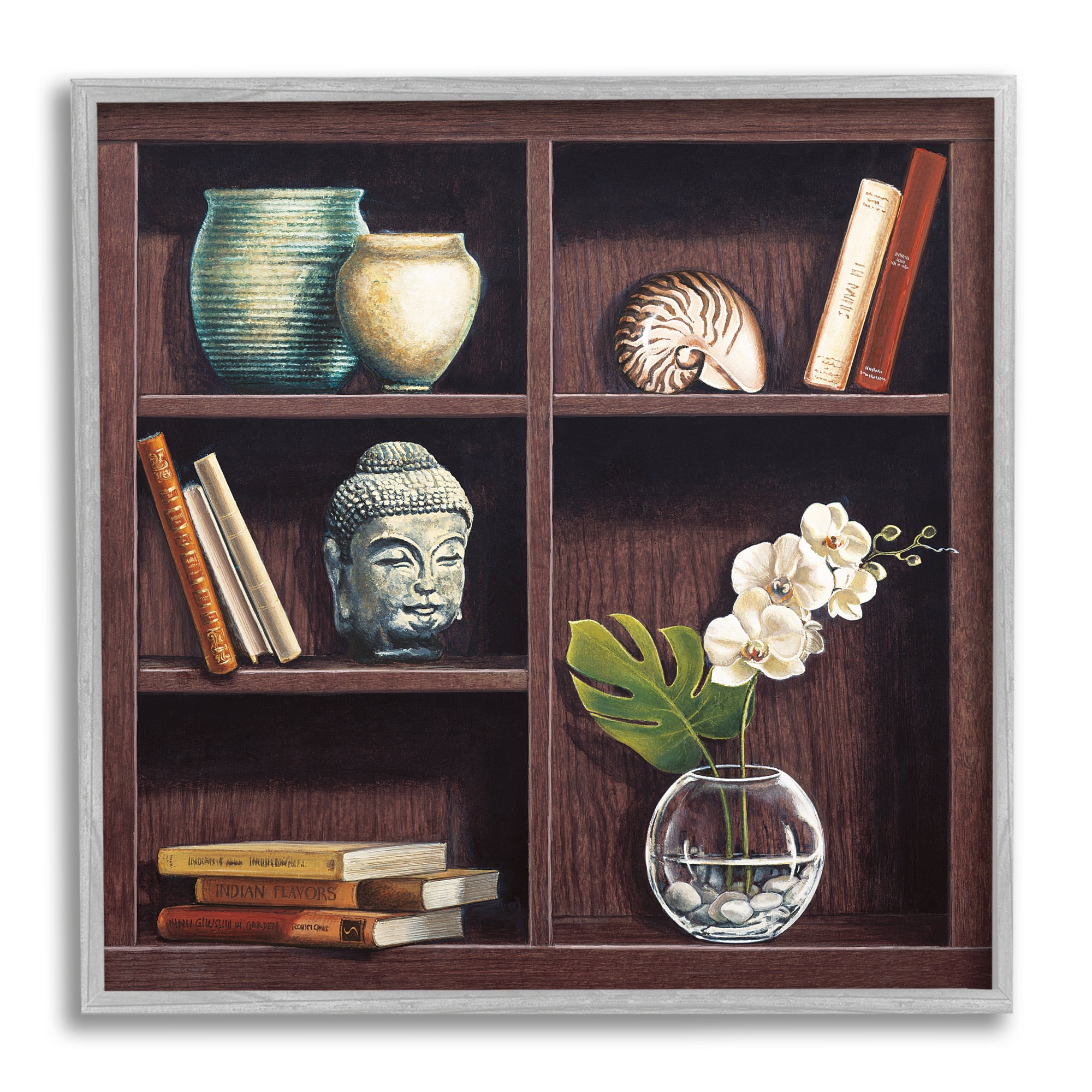 Eastern Culture Inspired Bookshelf with Floral Vase Still-Life Botanical & Floral Framed Art Print Wall Art, 17x17