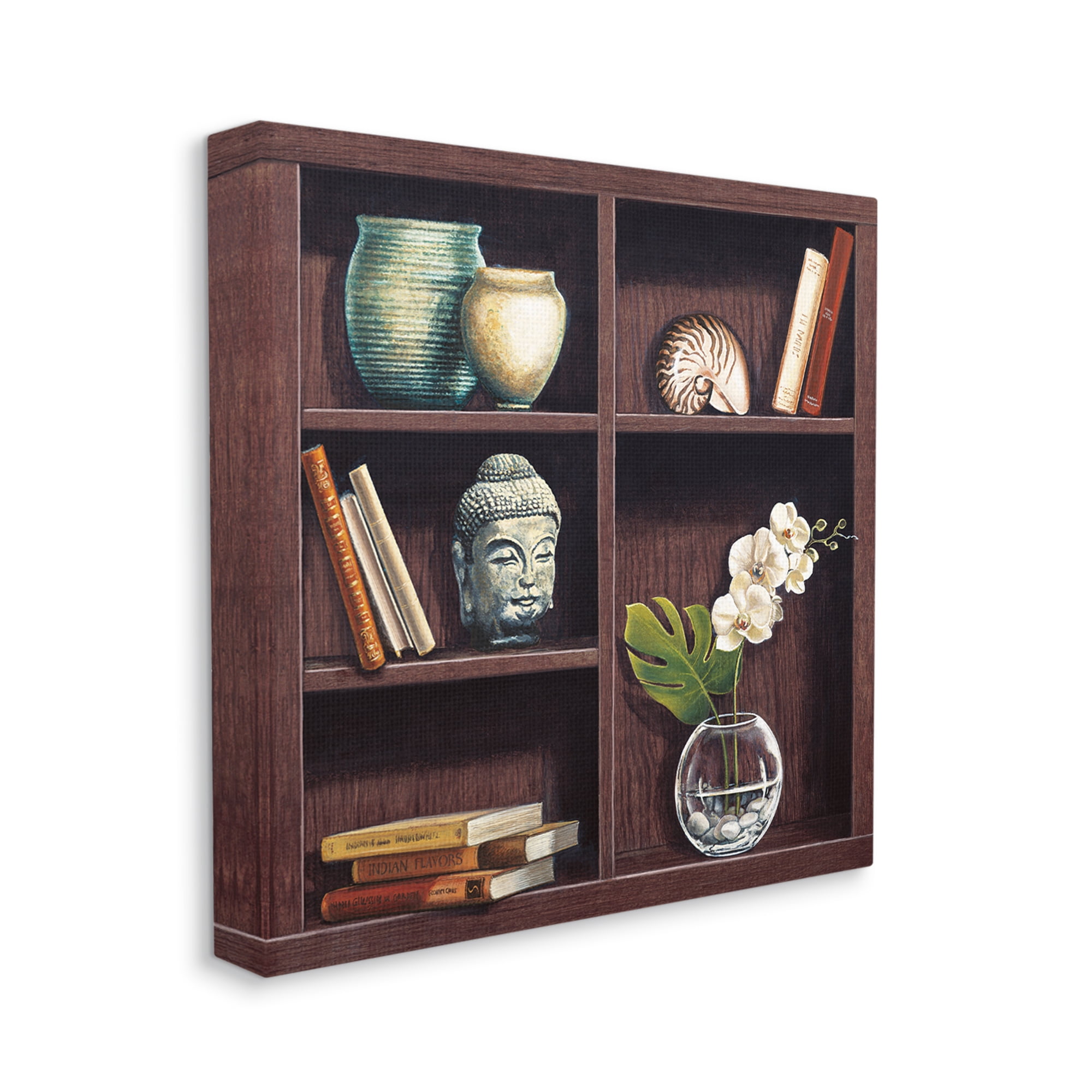 Eastern Culture Inspired Bookshelf with Floral Vase Still-Life Botanical & Floral Gallery-Wrapped Canvas Print Wall Art, 17x17