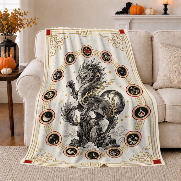Eastern Dragon Element Wheel Flannel Blanket, Cozy Sofa Throw for Mythology Fans and Fantasy Art Lovers, Warm Bedroom Reading Nook Home Decor, Lunar New Year Gift