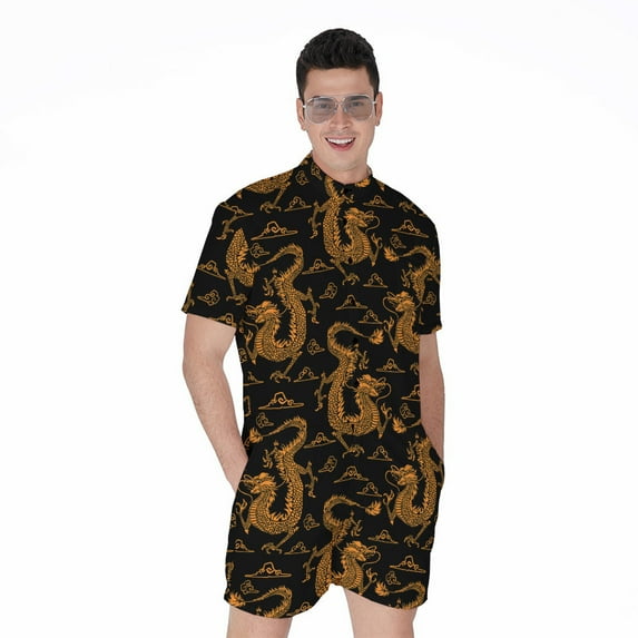 Eastern Dragon Pattern Short Sleeve Men'S Rompers, Dragons Casual Summer Jumpsuits Outfit