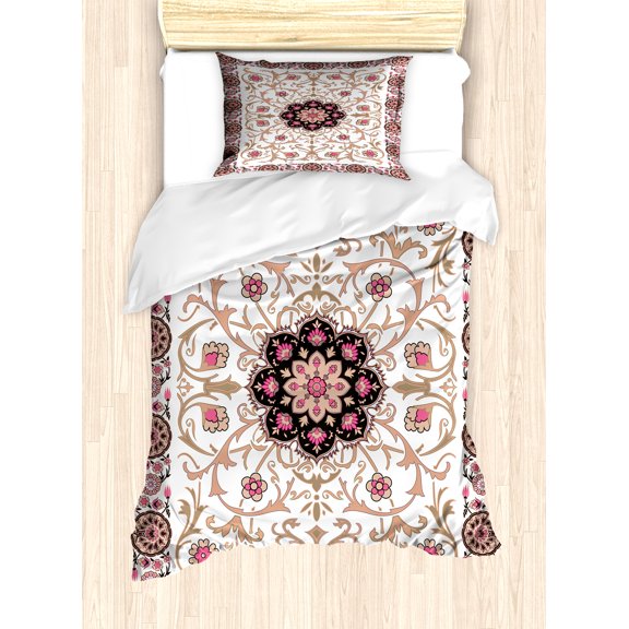 Eastern Duvet Cover Set, Classic Leaves and Flowers in Tender Colors Vintage Art, Decorative 2 Piece Bedding Set with 1 Pillow Shams, Twin Size, Coral Jade Green, by Ambesonne