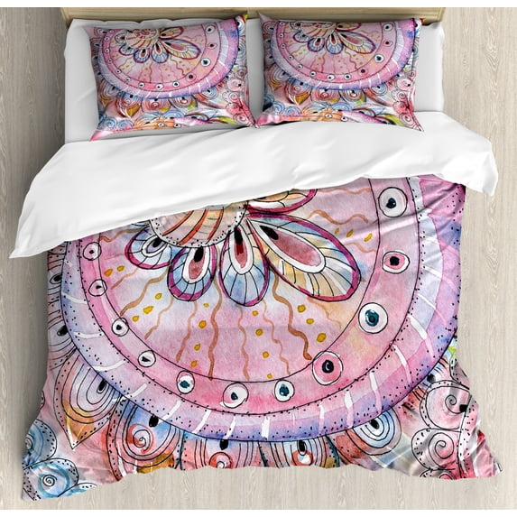 Eastern Duvet Cover Set King Size, Arabesque Traditional Ethnic Floral Pattern Colored with Watercolor Effects Art, Decorative 3 Piece Bedding Set with 2 Pillow Shams, Multicolor, by Ambesonne