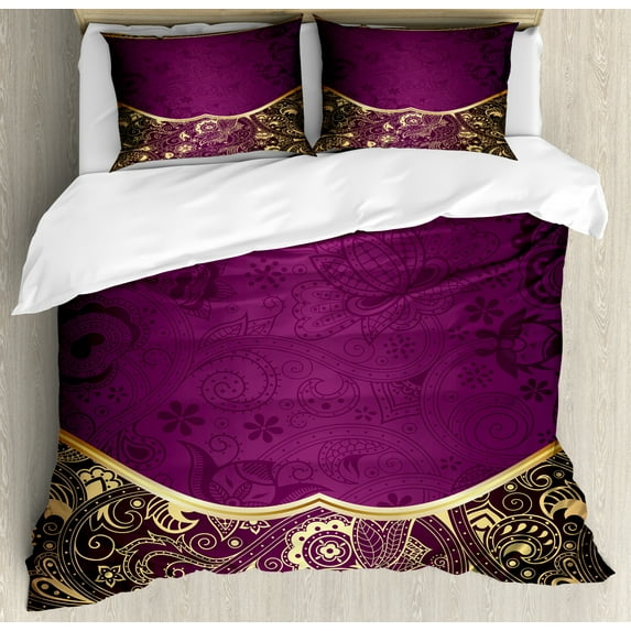 Eastern Duvet Cover Set King Size, Oriental and Abstract Swirly Floral Frame Artistic Vintage, Decorative 3 Piece Bedding Set with 2 Pillow Shams, Antique Fuchsia Pale Yellow Plum, by Ambesonne