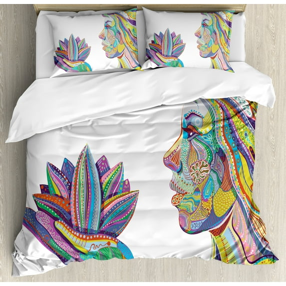 Eastern Duvet Cover Set, Spiritual Yoga Woman with Lotus Flower Figure with Ornamental Boho Zen Lines Design, Decorative Bedding Set with Pillow Shams, Multi, by Ambesonne