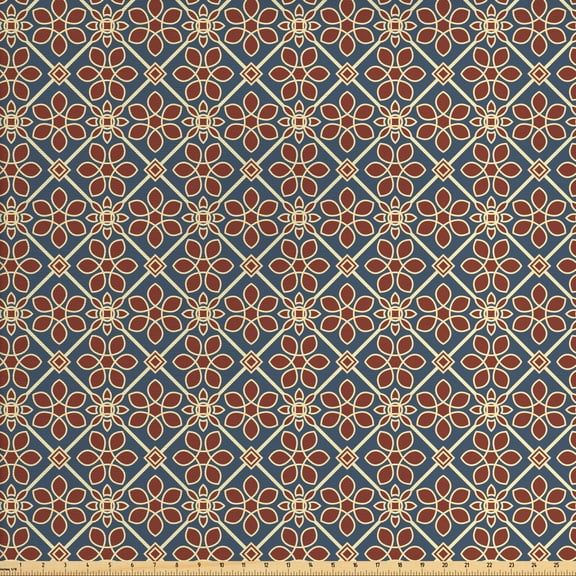 Eastern Fabric by the Yard, Oriental Cultural Motif Swirled Curved Petals Wild Flora Themed Squares, Upholstery Fabric for Dining Chairs Home Decor Accents, Dark Blue Burgundy by Ambesonne