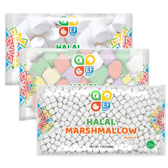 Eastern Feast - Halal Marshmallows  Original, Mini & Colored Variety  Soft & Fluffy Candy Treat  7 oz (200g) Each.