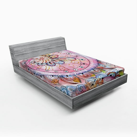 Eastern Fitted Sheet, Traditional Floral Pattern Colored Watercolor Effects Art, Soft Decorative Fabric Bedding, Queen Size, Multicolor, by Ambesonne