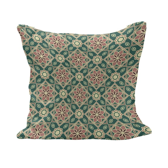 Eastern Fluffy Throw Pillow Cushion Cover, Vintage Mosaic Design of Florets Zigzag Borders Oval Details, Decorative Square Accent Pillow Case, 18" x 18", Forest Green Pale Pink, by Ambesonne