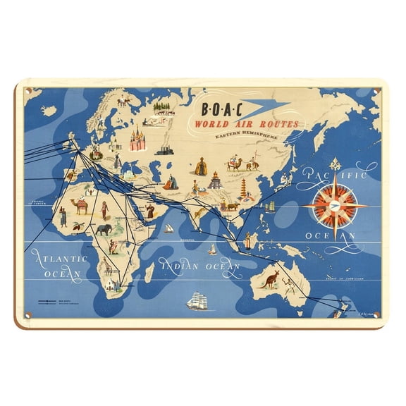Eastern Hemisphere Air Routes - BOAC British Overseas Airways Corporation - Vintage Airline Travel Poster by E. O. Seymour c.1949 - 8 x 12 inch Vintage Wood Art Sign