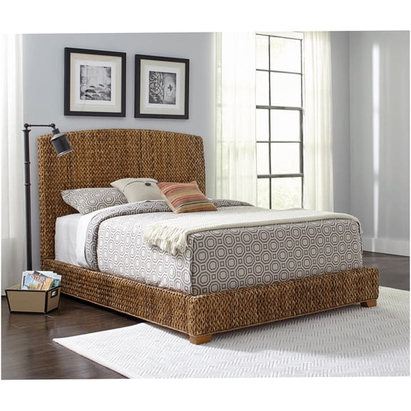 Eastern King Bed Frame, Rustic Woven Banana Leaf Wood Platform Bed, Coastal Farmhouse Bedroom Furniture