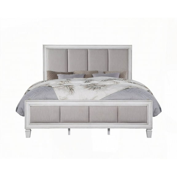 Eastern King Bed with Light Gray Linen & Rustic Finish - Luxury Comfort