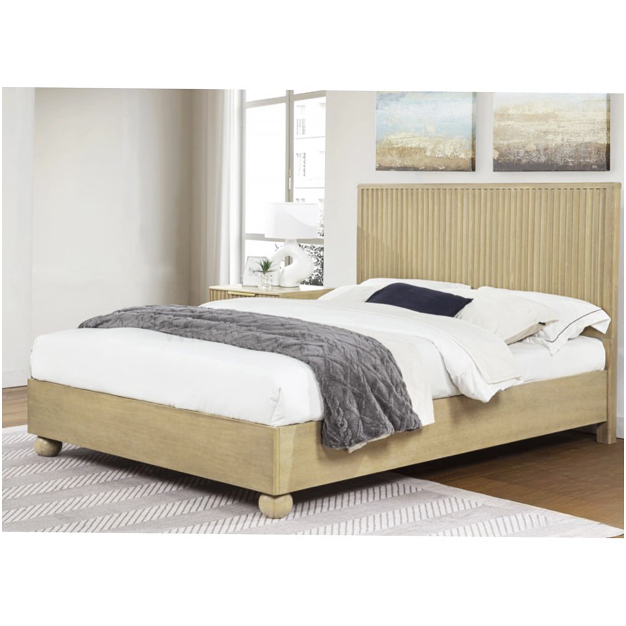 Platform Bed Frame King Size with Fluted Detail, Light Oak Finish, Underbed Storage Space