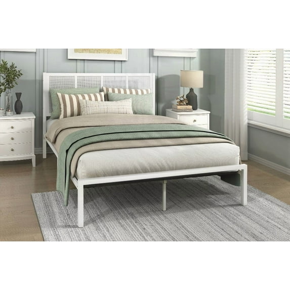 Eastern King Metal Frame Platform Bed in White Finish, Featuring Faux Cane Panel Headboard for Coastal Bedroom