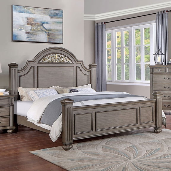 Eastern King Panel Bed 1pc Contemporary Gray Finish, Formal Floral Headboard Design, Solid Wood Bedroom Furniture, Antique Brass Accents, Simple Assembly Required