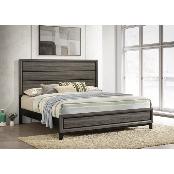 Eastern King Panel Bed, Grey Oak Finish, Engineered Wood, Modern Design, Paneled Headboard & Footboard, Bedroom Furniture