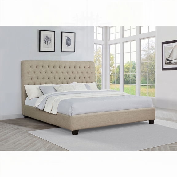 Eastern King Panel Bed in Copper Oatmeal Upholstery - Classic & Sturdy Design