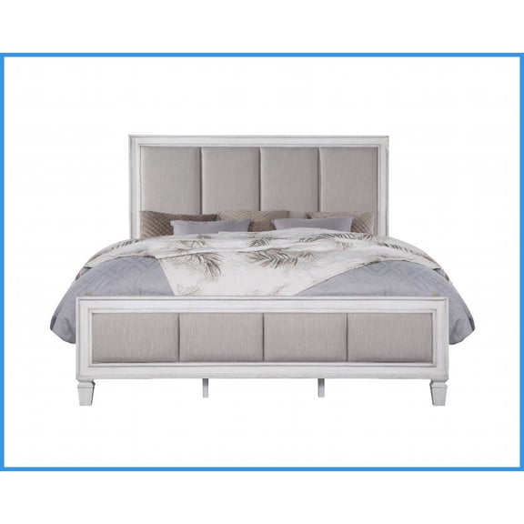 Eastern King Poplar Wood Bed Frame - Light Gray Linen Upholstery, Rustic Gray & Weathered White Finish, Transitional Style for Master Bedroom
