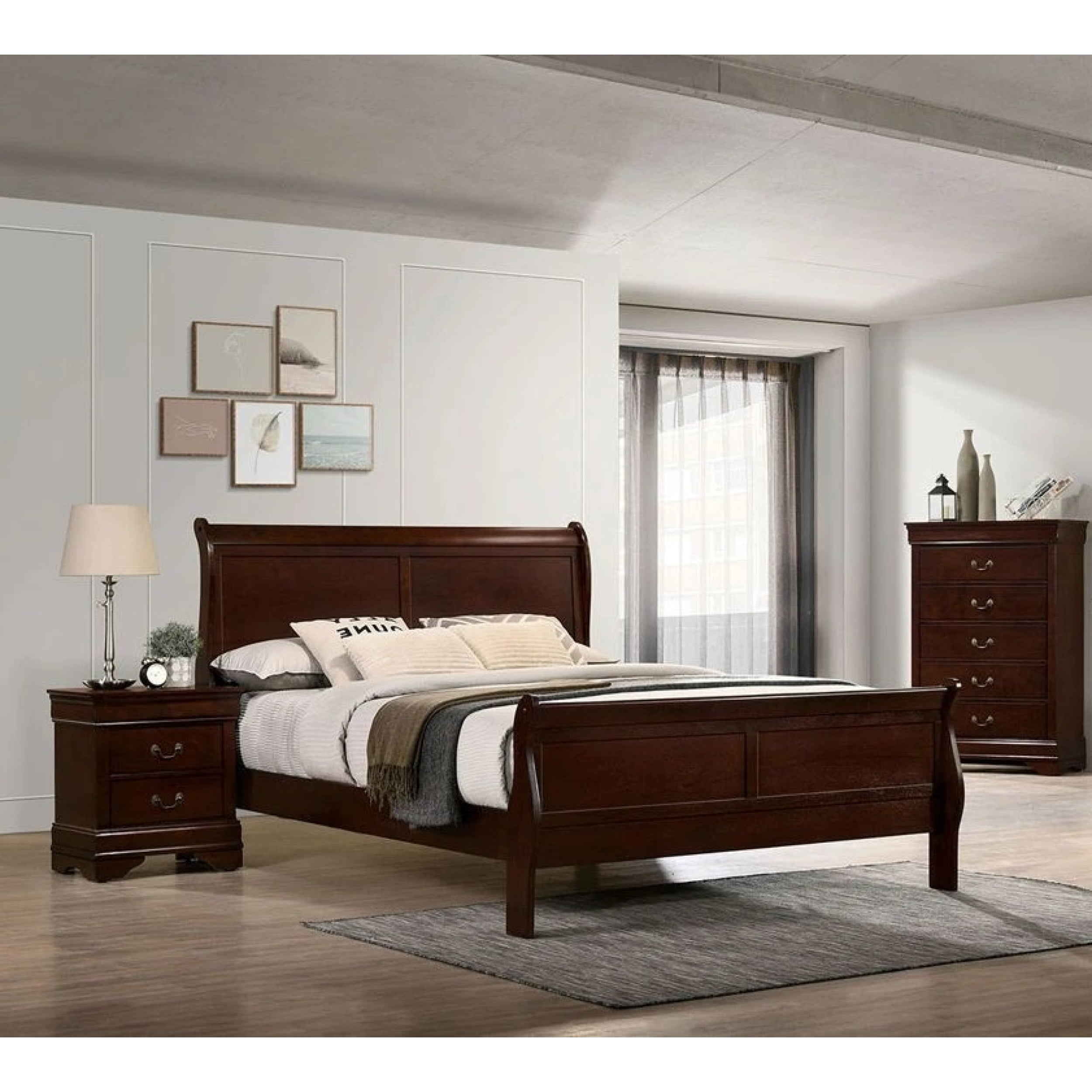 Traditional Style Louis Philippe Eastern King Size Solid Pine Sleigh Bed  with Headboard & Footboard - Bed Bath & Beyond - 35464995