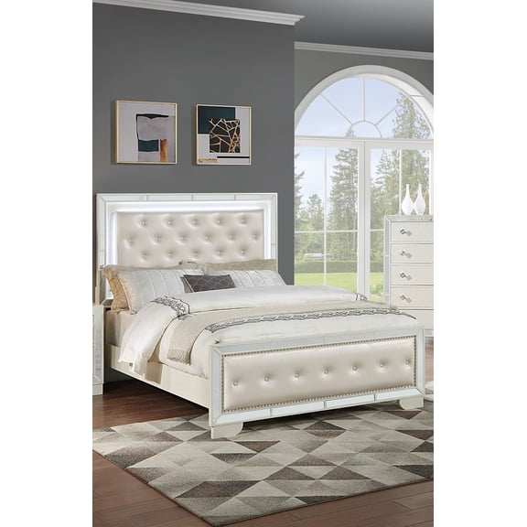 Eastern King Size Bed Frame, Cream Ivory Faux Leather Upholstered Bed with Tufted Headboard, Built-in LED Lights and Mirror Trim, Traditional Luxury Bedroom Furniture, Box Spring Required