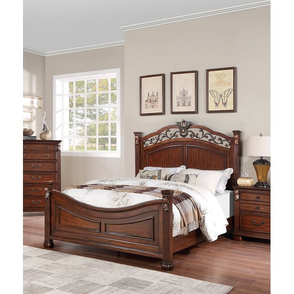 Eastern King Size Bed Frame, Traditional American Style Four Poster Bed with Carved Wood Details, Dark Cherry Finish, Plywood and Pine Construction, 87" x 81" x 63"H for Bedroom