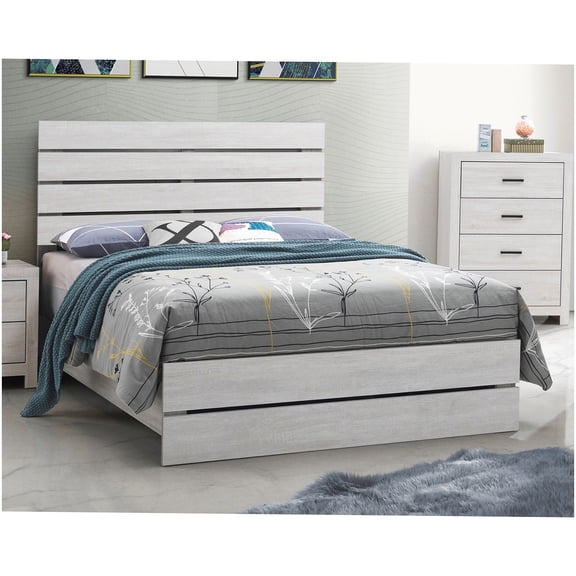 Eastern King Size Bed Frame with Headboard, White Washed Wood Panel Design, No Box Spring Needed