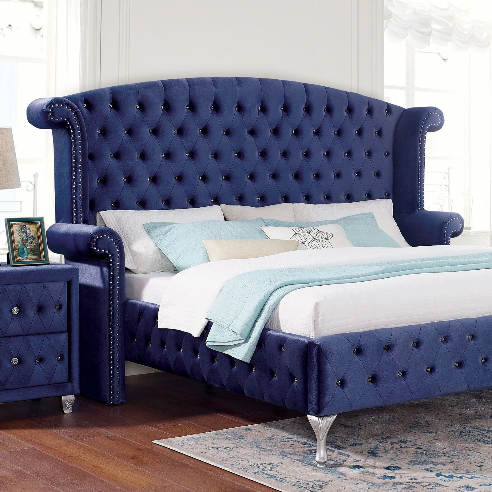 Eastern King Size Bed Glam Blue Padded Velvet Like Fabric 1p Bed Wingback Design Crystal Like Acrylic Buttons Bedroom Furniture