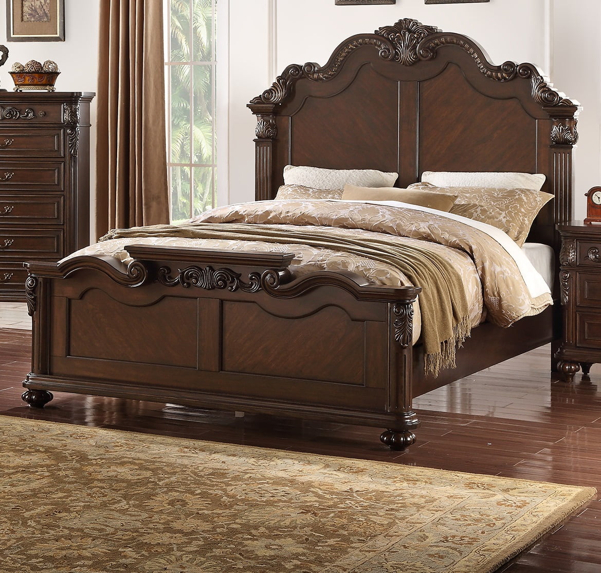 Eastern King Size Bed Unique Carving HB FB Dark Brown Wooden Bedframe Formal Bedroom Furniture