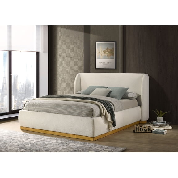 Eastern King Size Bed, White Boucle Upholstered Wingback Headboard with Gold-Painted Plinth Oak Wood Base, Contemporary Platform Bed Frame for Bedroom, 90"W x 88"D x 42.5"H, No Box Spring Needed
