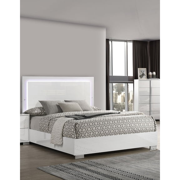 Eastern King Size Bed w LED White UV Finish 1pc Bedframe Chrome Legs Wooden Bedroom Furniture