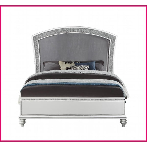 Eastern King Size Fabric Panel Bed Frame with Rhinestone Inlays Platinum Finish for Master Bedroom