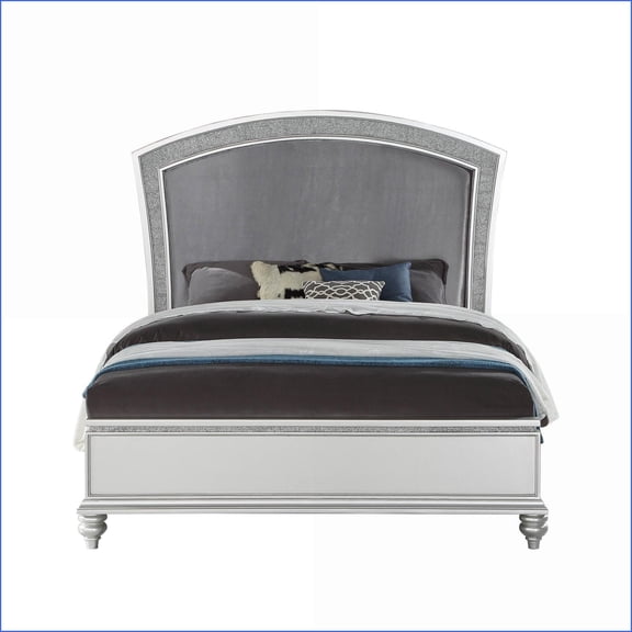 Eastern King Size Fabric Panel Bed with Rhinestone Headboard - Platinum Finish Luxury for Master Bedroom