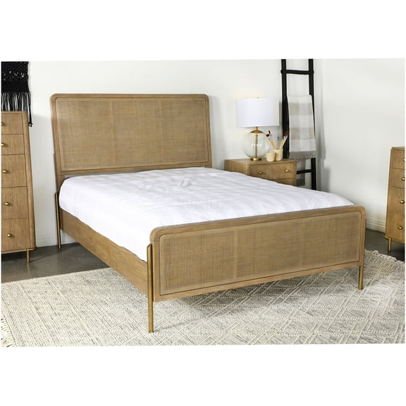 Eastern King Size Platform Bed Frame with Coastal Sand Wash Finish and Cane Panels, Mid-Century Modern Design, No Box Spring Needed
