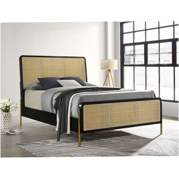 Eastern King Size Rattan Bed Frame with Woven Headboard and Footboard, Modern Platform Bed with Sturdy Wood Structure in Sophisticated Black