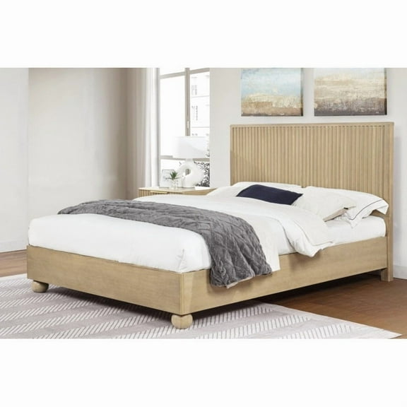 Eastern King Size Wooden Platform Bed with Fluted Panels Headboard Modern Minimalist Design, Light Oak Finish