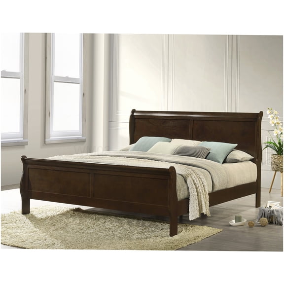 Eastern King Sleigh Bed Frame with Curved Headboard, Cappuccino Finish Platform Bed for Box Spring-Free Support