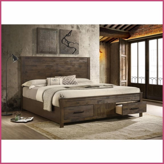 Eastern King Solid Hardwood Storage Bed with Drawers - Golden Brown Rustic Style for Master Bedroom